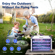 Woman and child in a garden with a pest control device