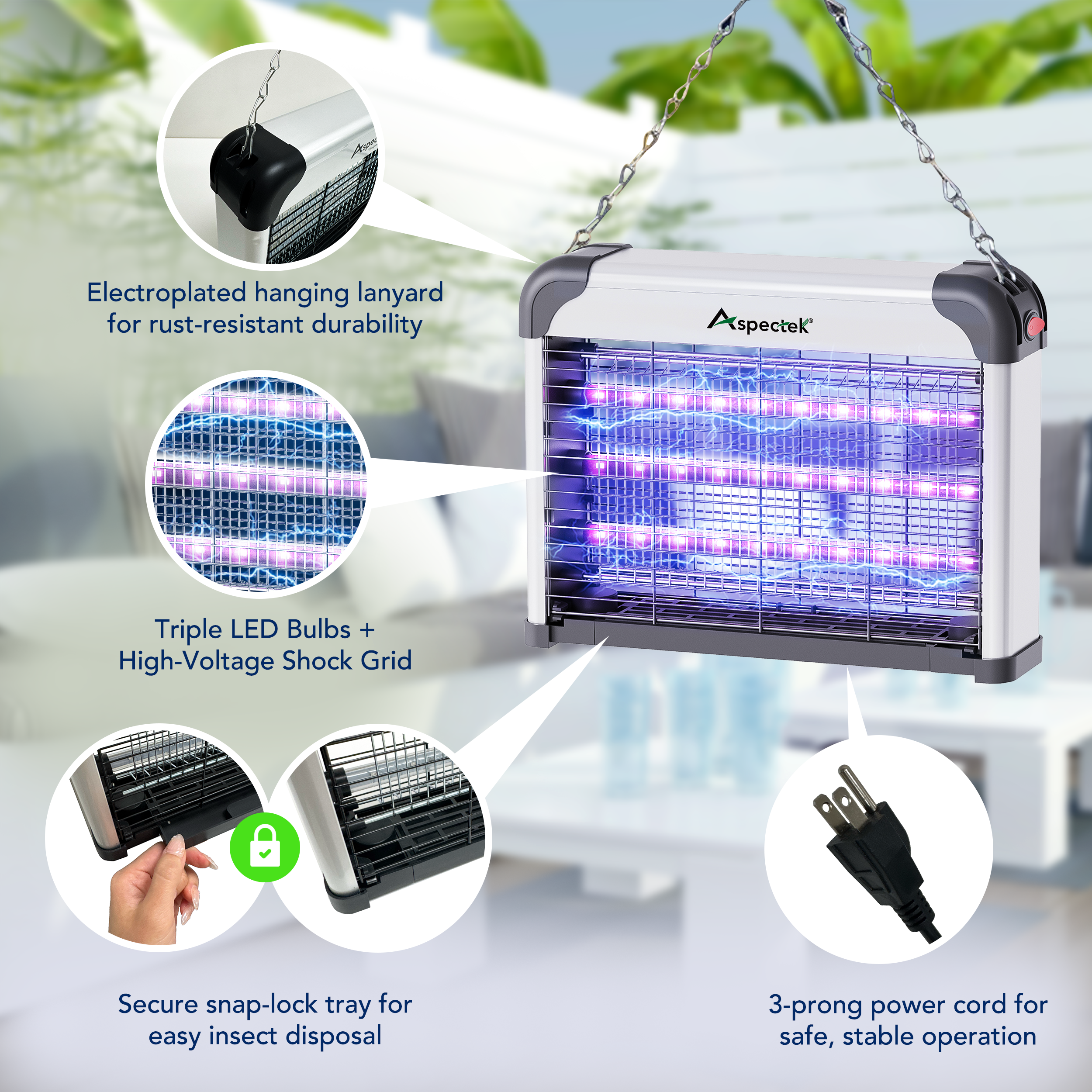 Insect zapper with features highlighted on a blurred indoor background