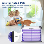 Children playing with a cat near a Aspektok electric device, with text about safety for kids and pets.
