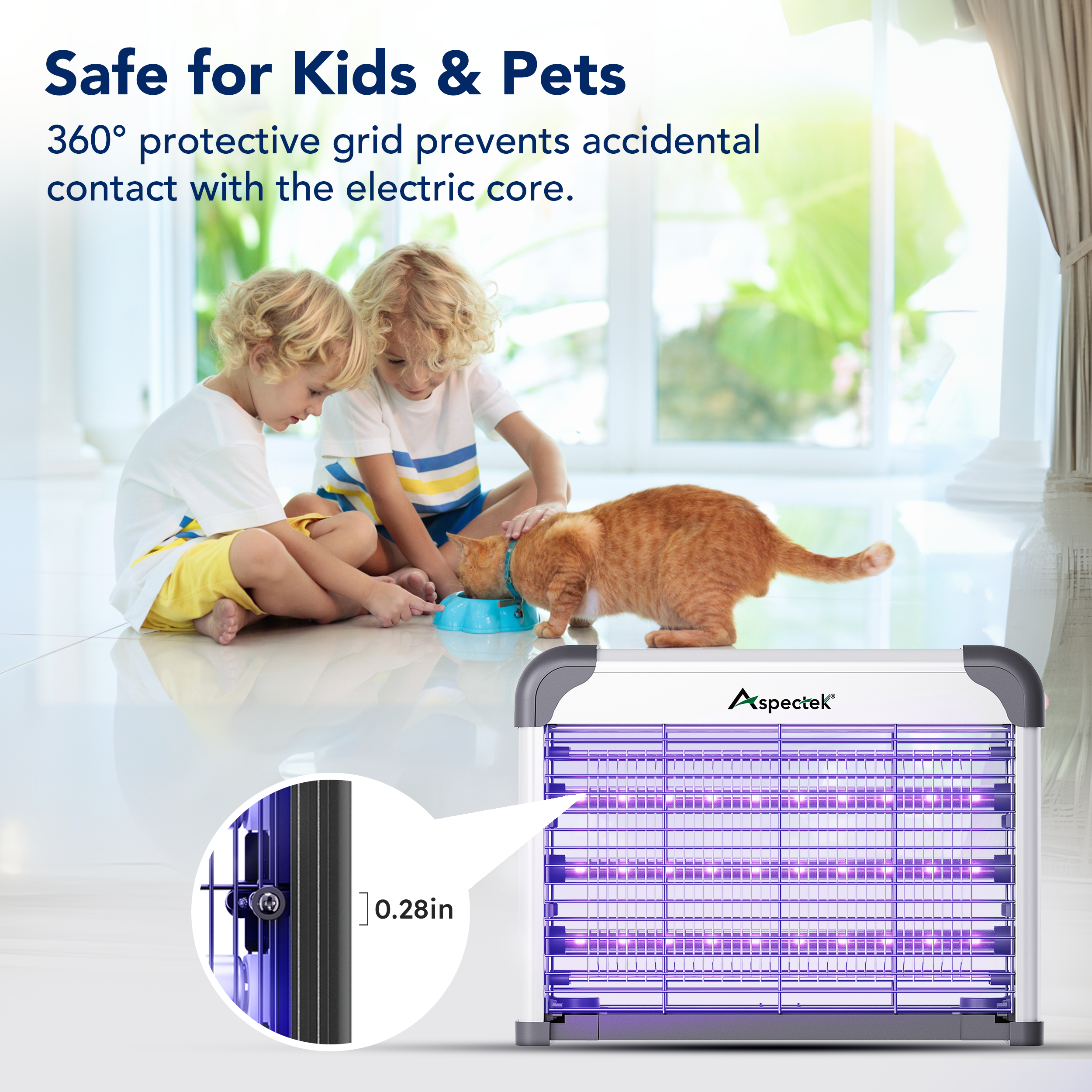 Children playing with a cat near a Aspektok electric device, with text about safety for kids and pets.