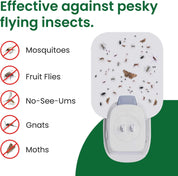Insect trap with pests on a white background, labeled for effectiveness against various flying insects.