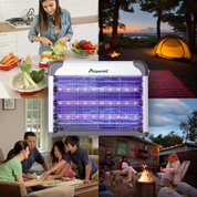 a kitchen scene, outdoor camping setup, and people playing a board game.