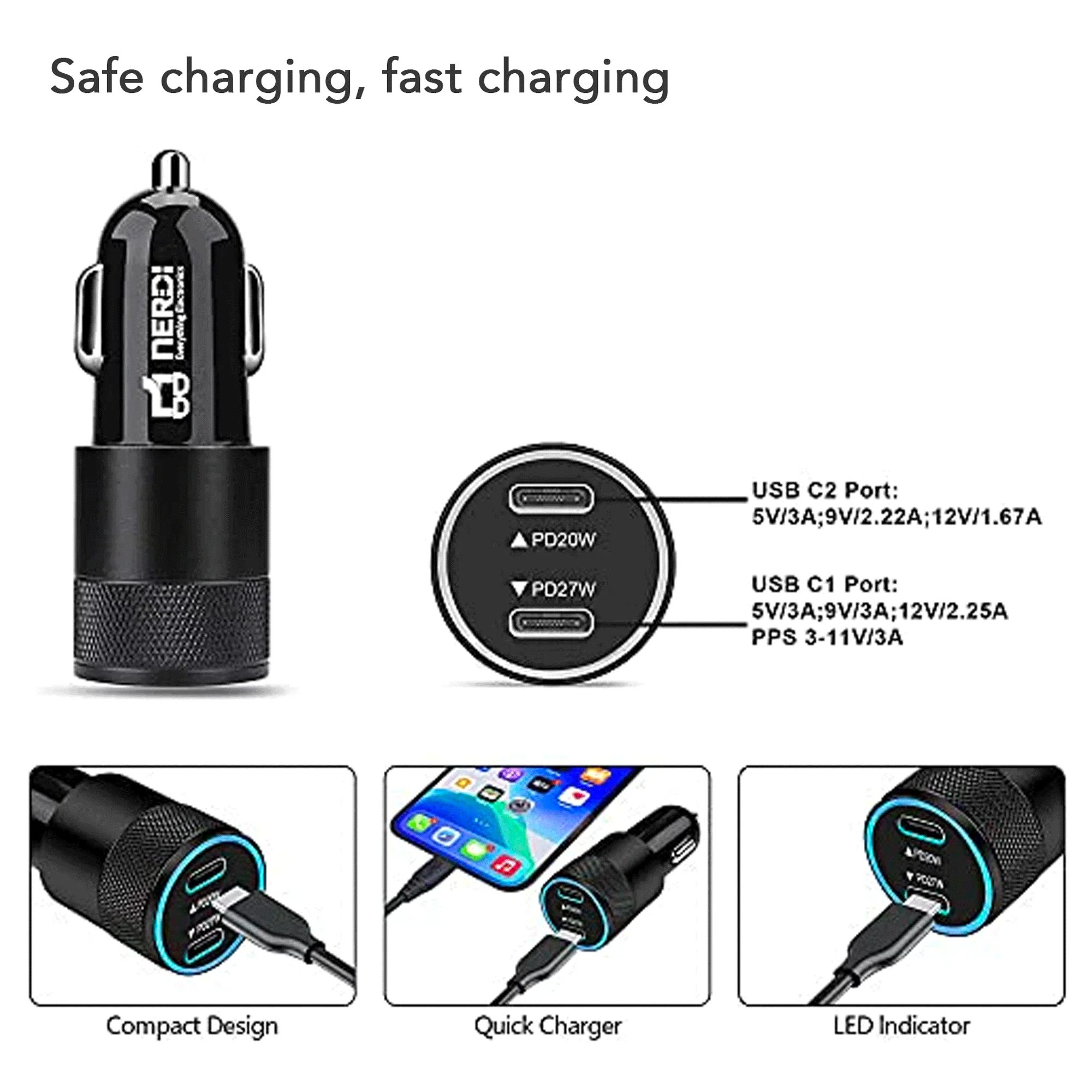 Nerdi 47W 2 Port USB C Car Charger Adapter with PD and QC 3.0