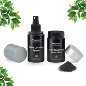 Aspectek hair building cotton fibers and hair locking spray with green leaves on a white background