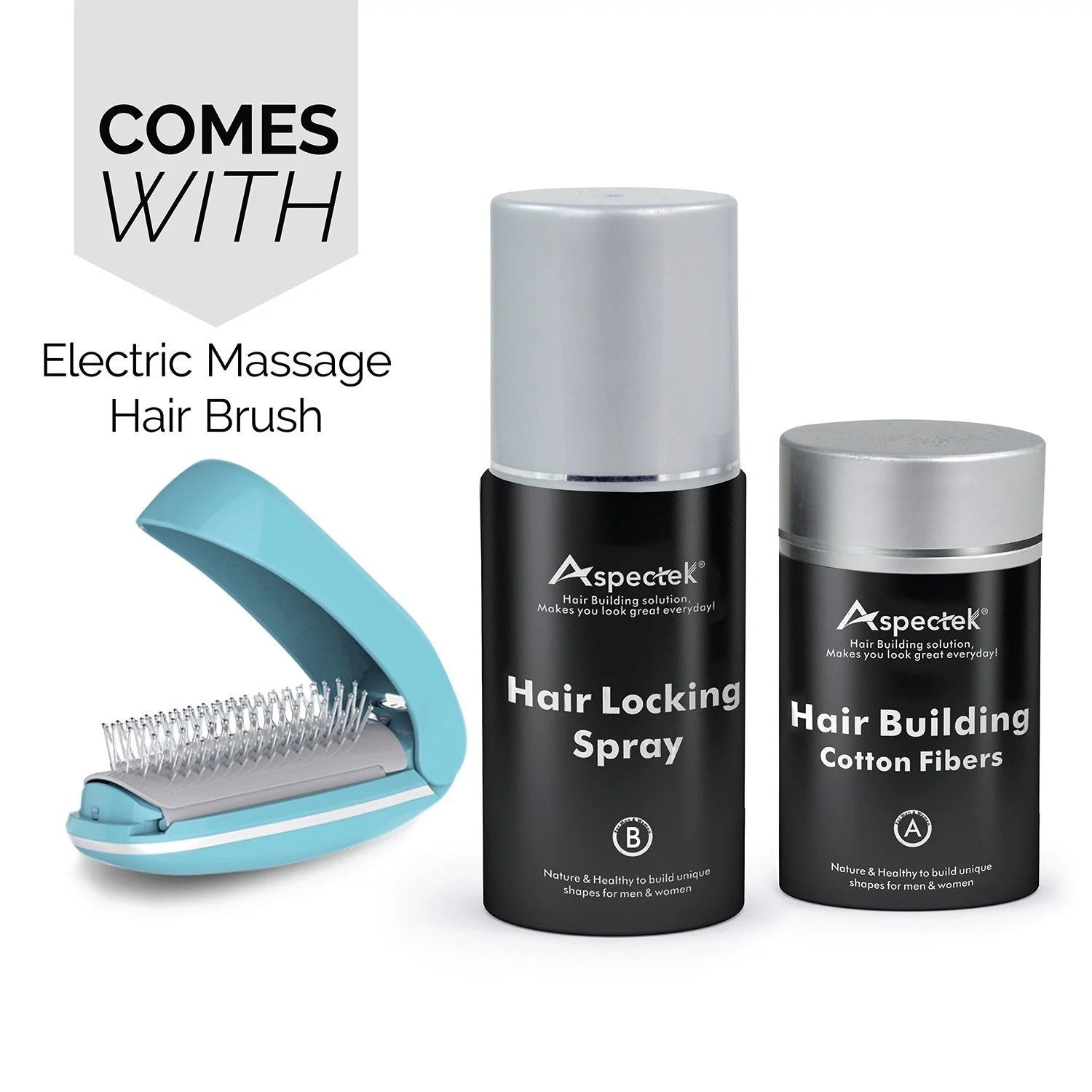 Set of hair care products including an electric massage hair brush, hair locking spray, and hair building cotton fibers on a white background.