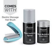 Set of hair care products including an electric massage hair brush, hair locking spray, and hair building cotton fibers on a white background.