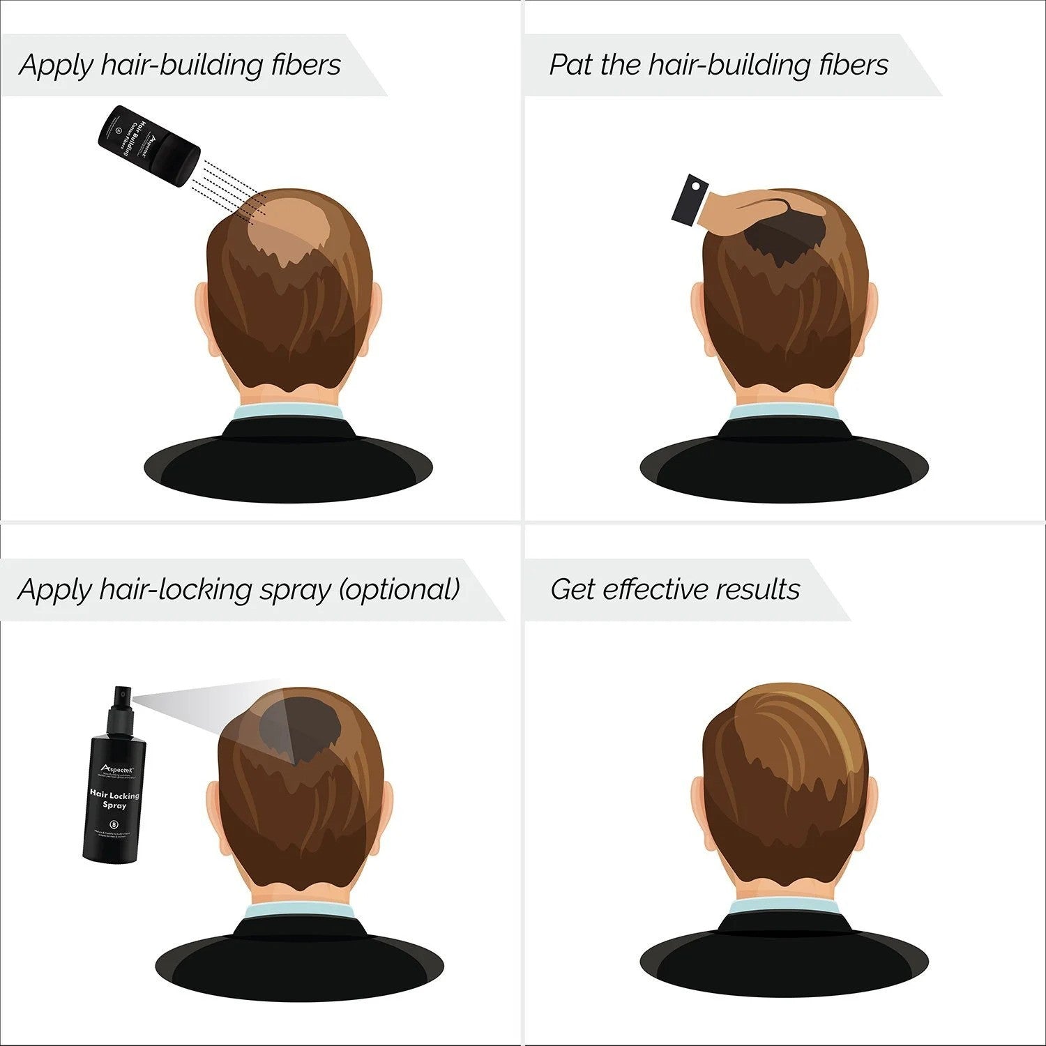 Step-by-step guide on applying hair-building fibers with illustrations of a person's head.