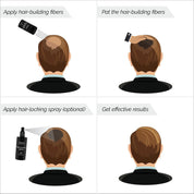 Step-by-step guide on applying hair-building fibers with illustrations of a person's head.