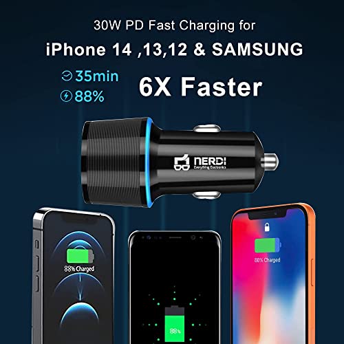 Nerdi 48W Fast USB C Car Charger Adapter with Power Delivery and Quick Charge 3.0