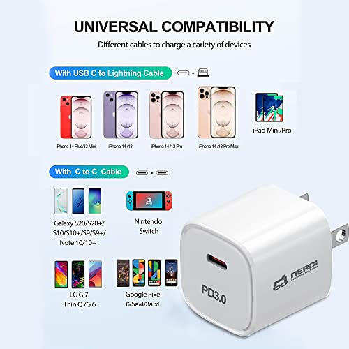 NERDI USB C Wall Charger, 20W PD Type C Charger for iPhone 13/Mini/Pro/Pro Max/iPhone 12 &11/Mini/Pro/Pro Max/iPhone X/XS/XR/8/8 Plus/SE, Galaxy, Pixel 4/3, iPad/iPad Mini (Cable Not Included)