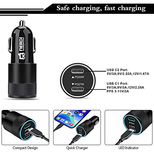 Nerdi 47W 2 Port USB C Car Charger Adapter with PD and QC 3.0