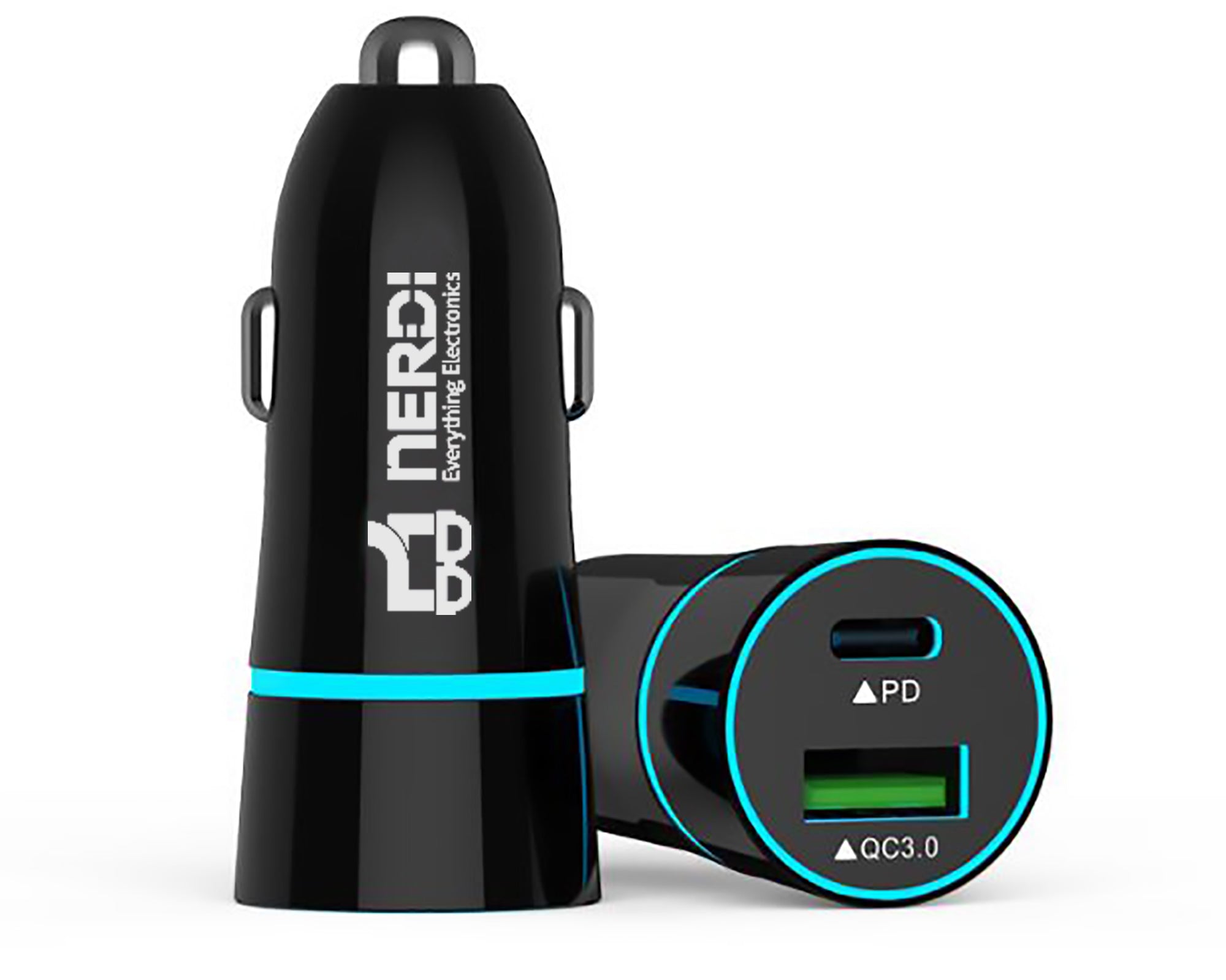 Black car charger with NERD! branding on a white background