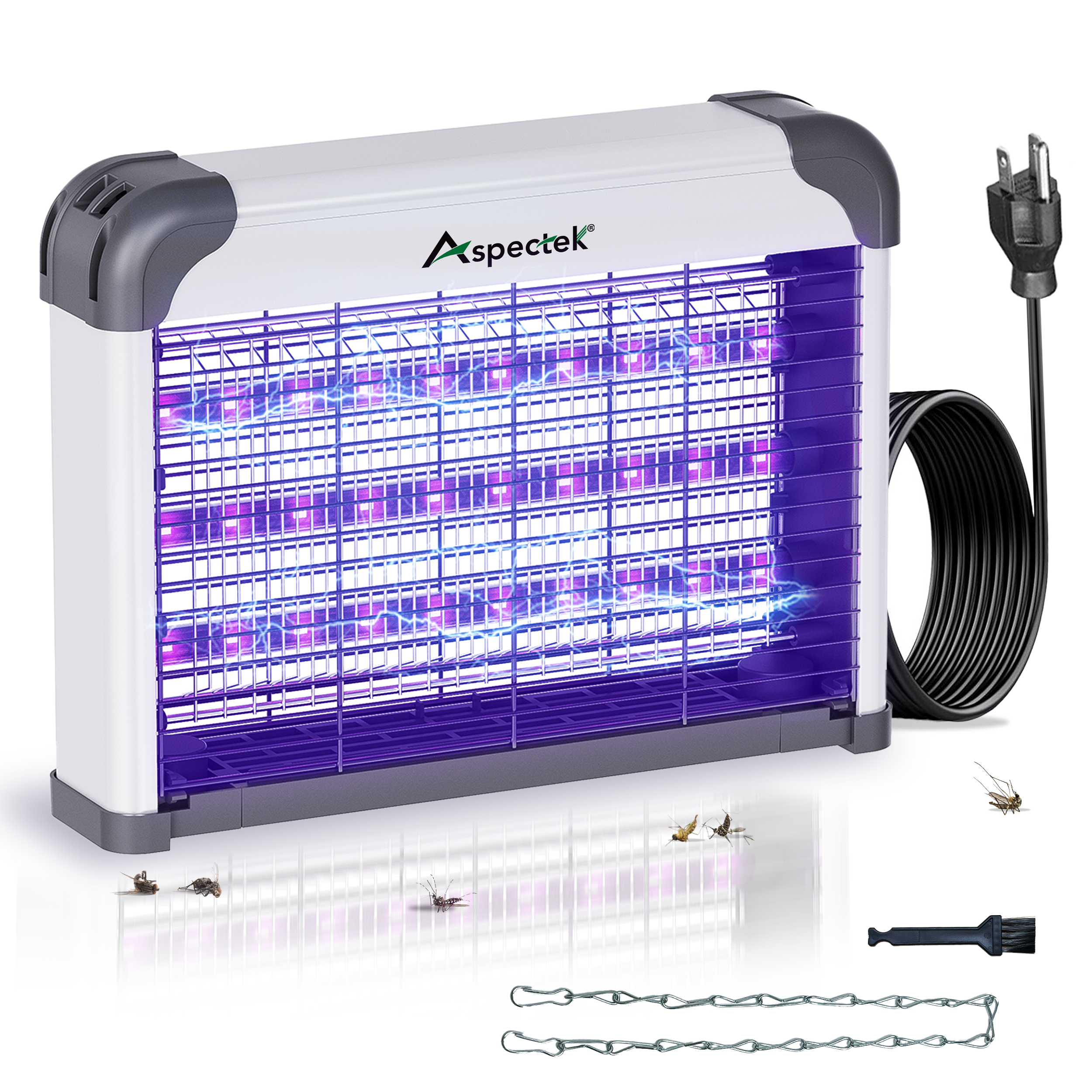Insect zapper with purple light and Aspectek branding on a white background
