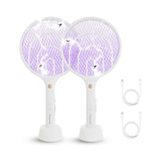 Two white electric fly swatters with a high-voltage grid, alongside a USB charging cable.

