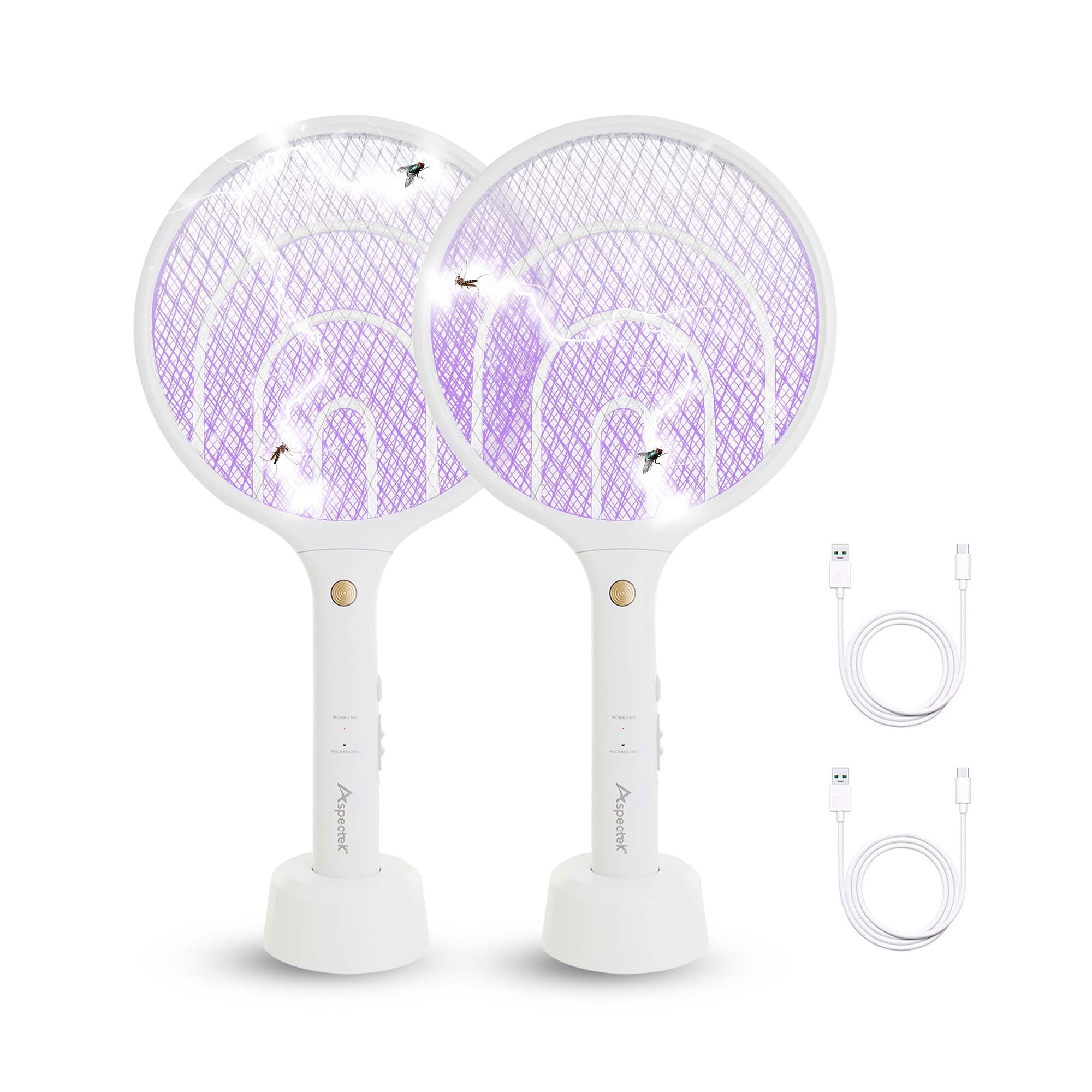 Two white electric fly swatters with a high-voltage grid, alongside a USB charging cable.

