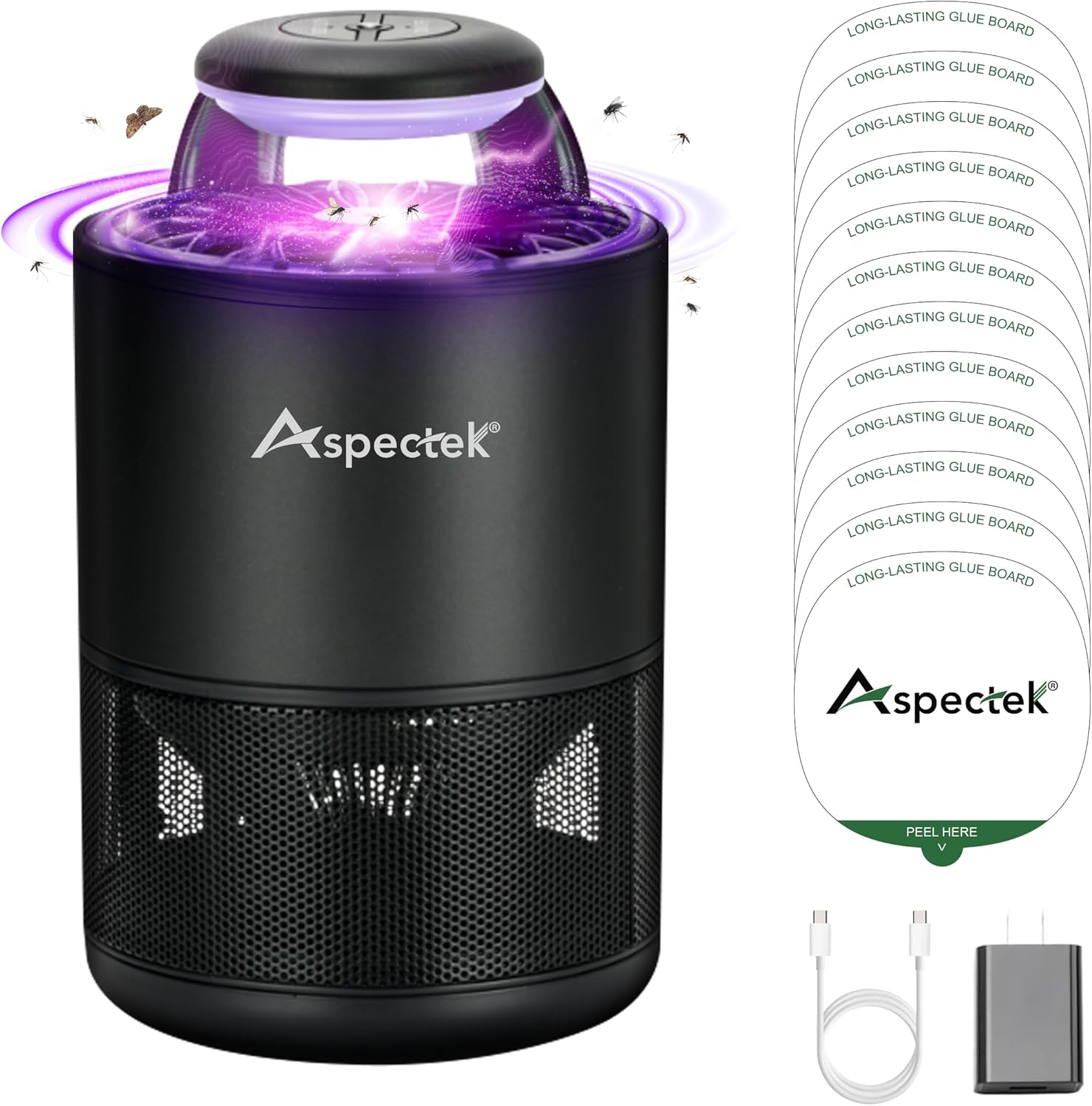 Black insect killer with purple light and Aspectek branding, including a power adapter and additional glue boards.
