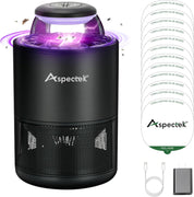 Black insect killer with purple light and Aspectek branding, including a power adapter and additional glue boards.