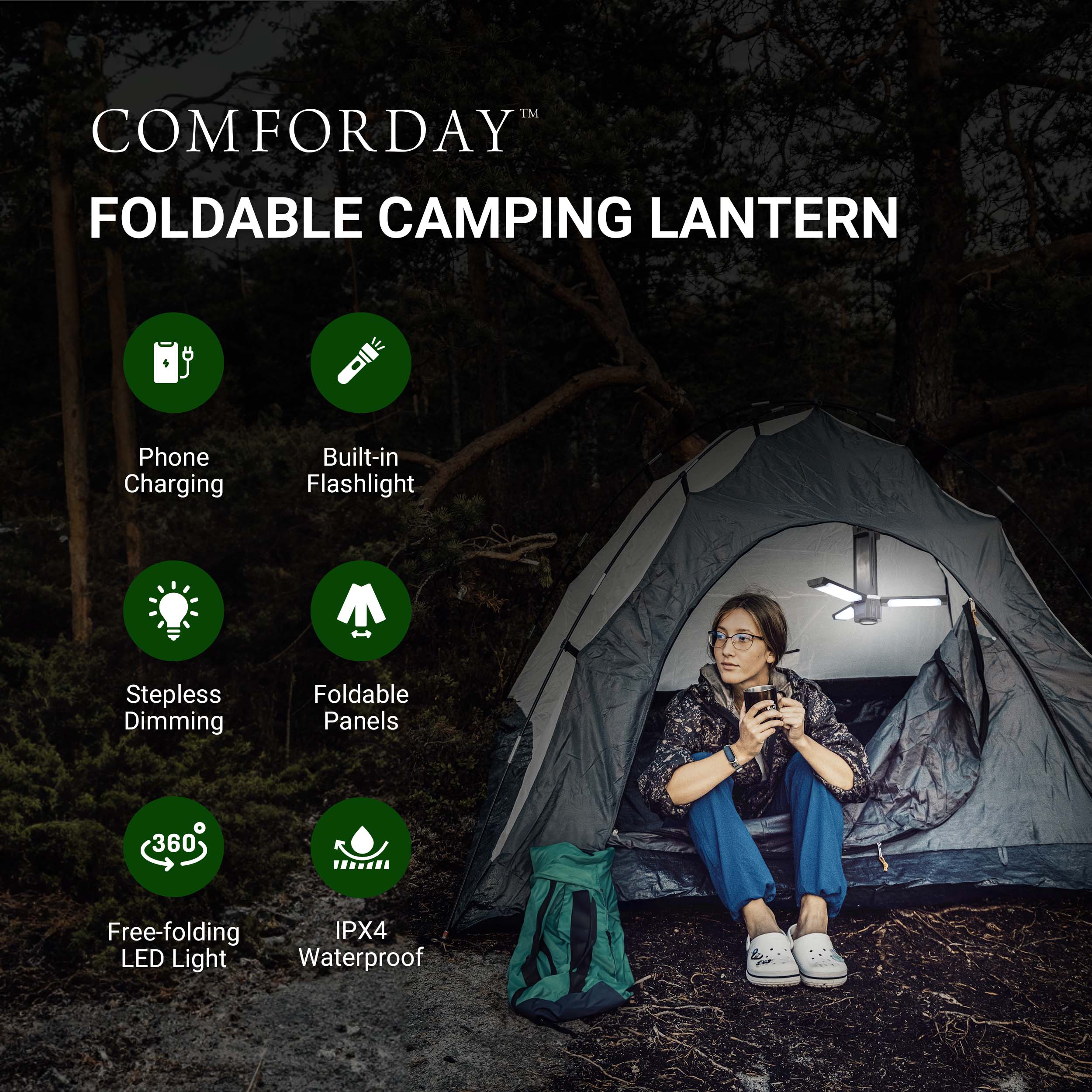 Comforday Camping Lantern, Portable Tent Lamp, Collapsible LED Blade Bulb Plus Flash Light,3000mAh Rechargeable by USB Type C