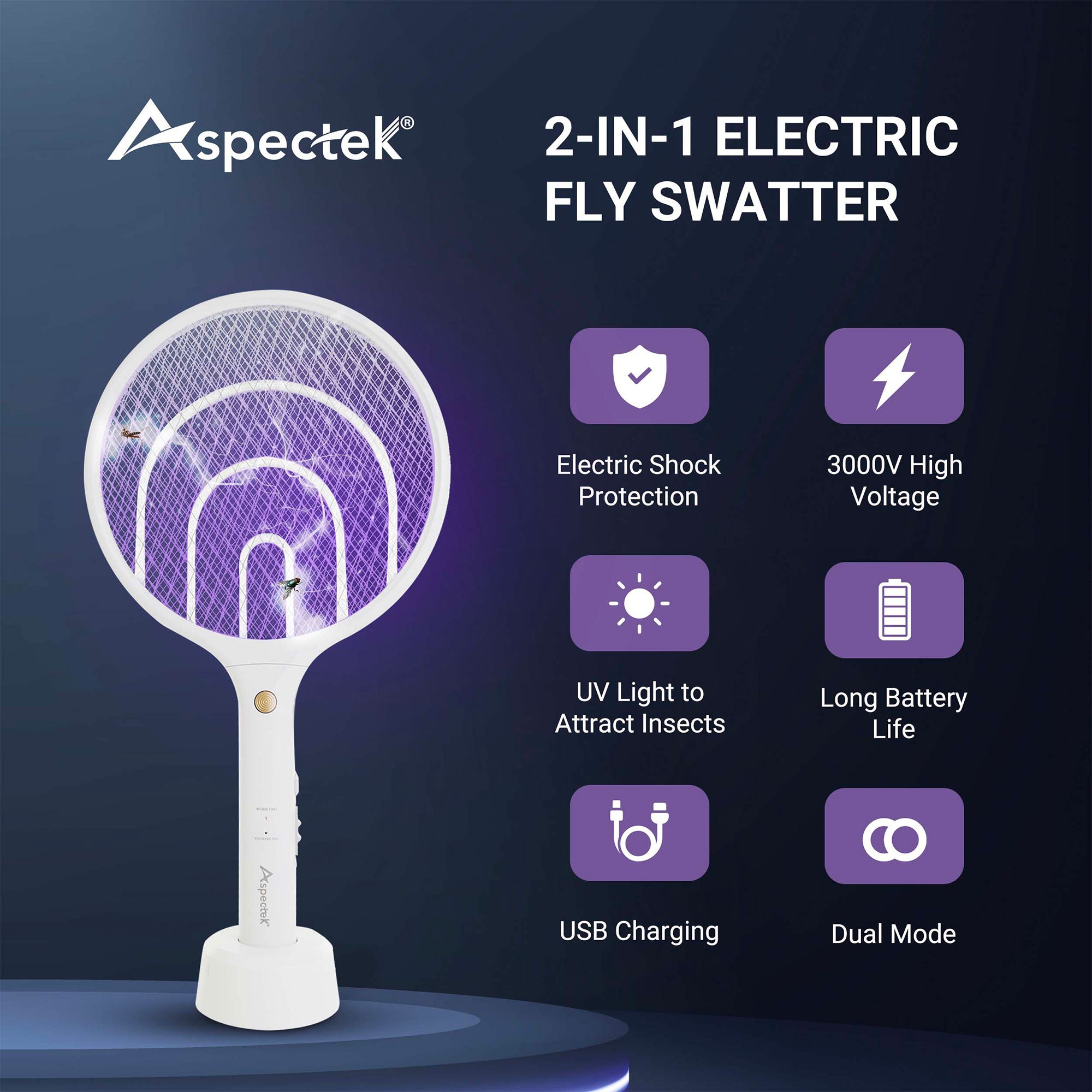 Electric Fly Aspectek 3000V Electric Fly Swatter Bug Zapper Racket, 2-in-1 Indoor a