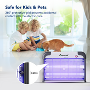 Insect zapper on a table with children and a cat, featuring Aspectek branding.
