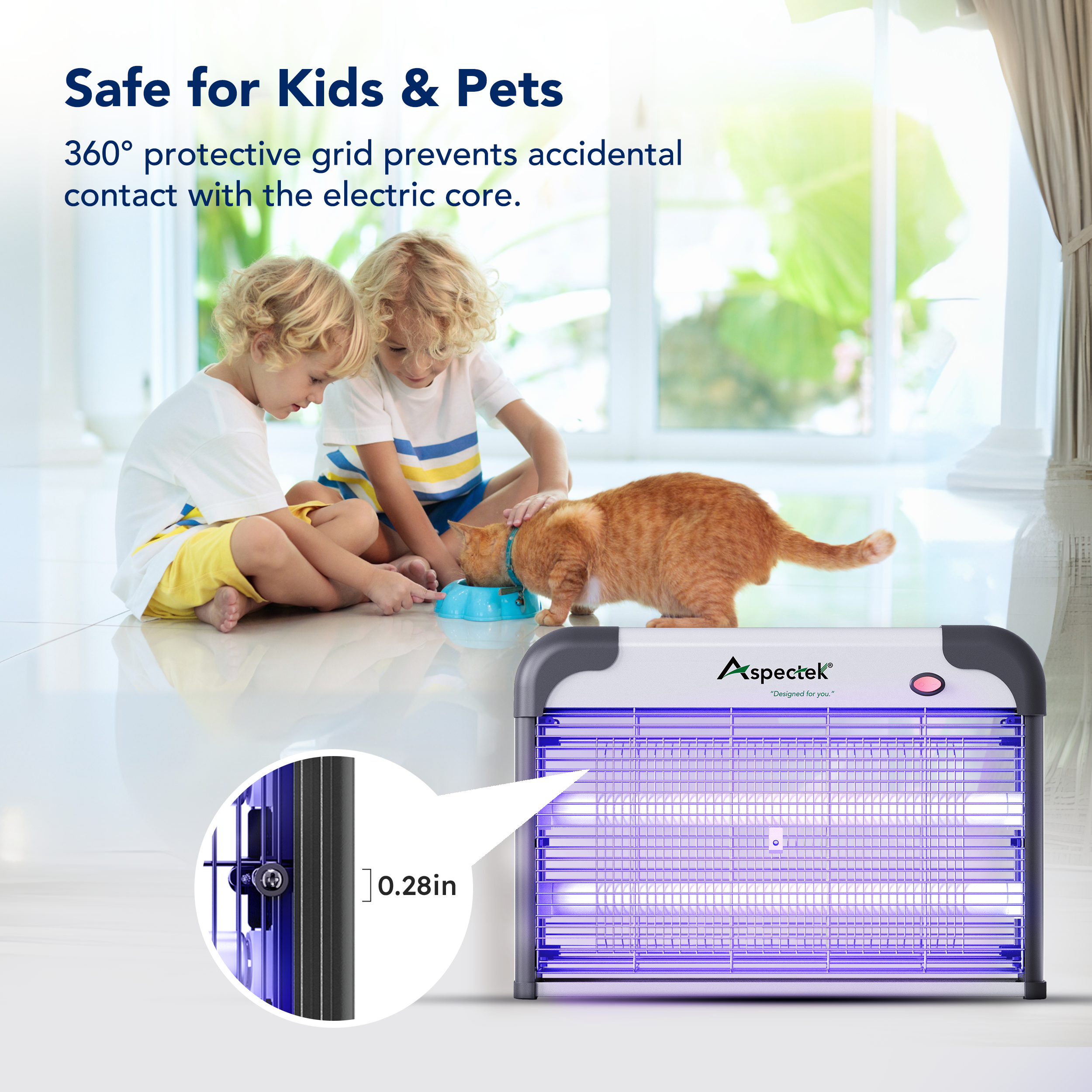 Insect zapper on a table with children and a cat, featuring Aspectek branding.