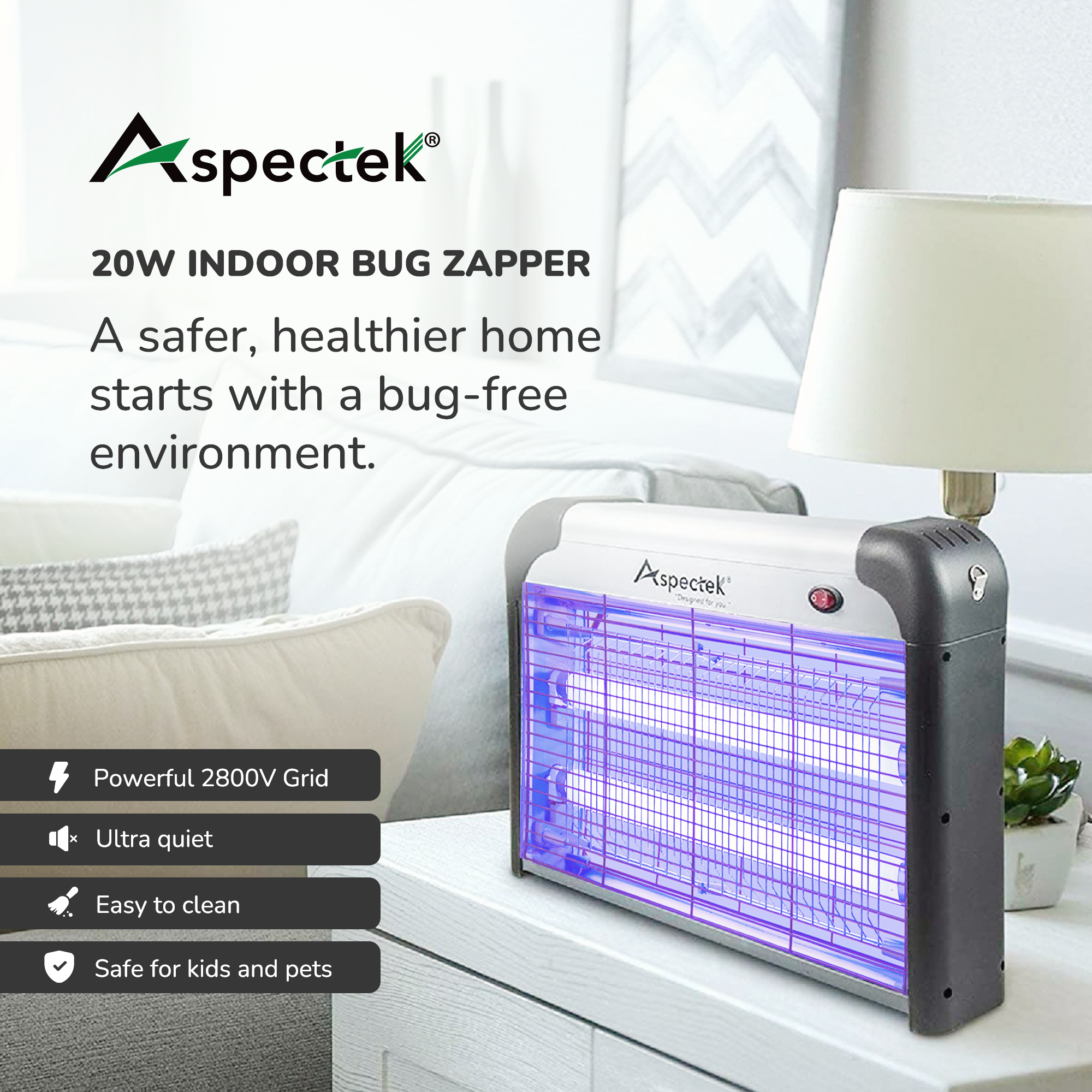 Aspectek 20W Indoor Bug Zapper, Powerful UV Bugs Lamp Attract Insects and 2800V Grid Kills Flying Insects SOLID BLACK