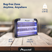 Bug zapper on a wooden surface with dimensions and brand name displayed