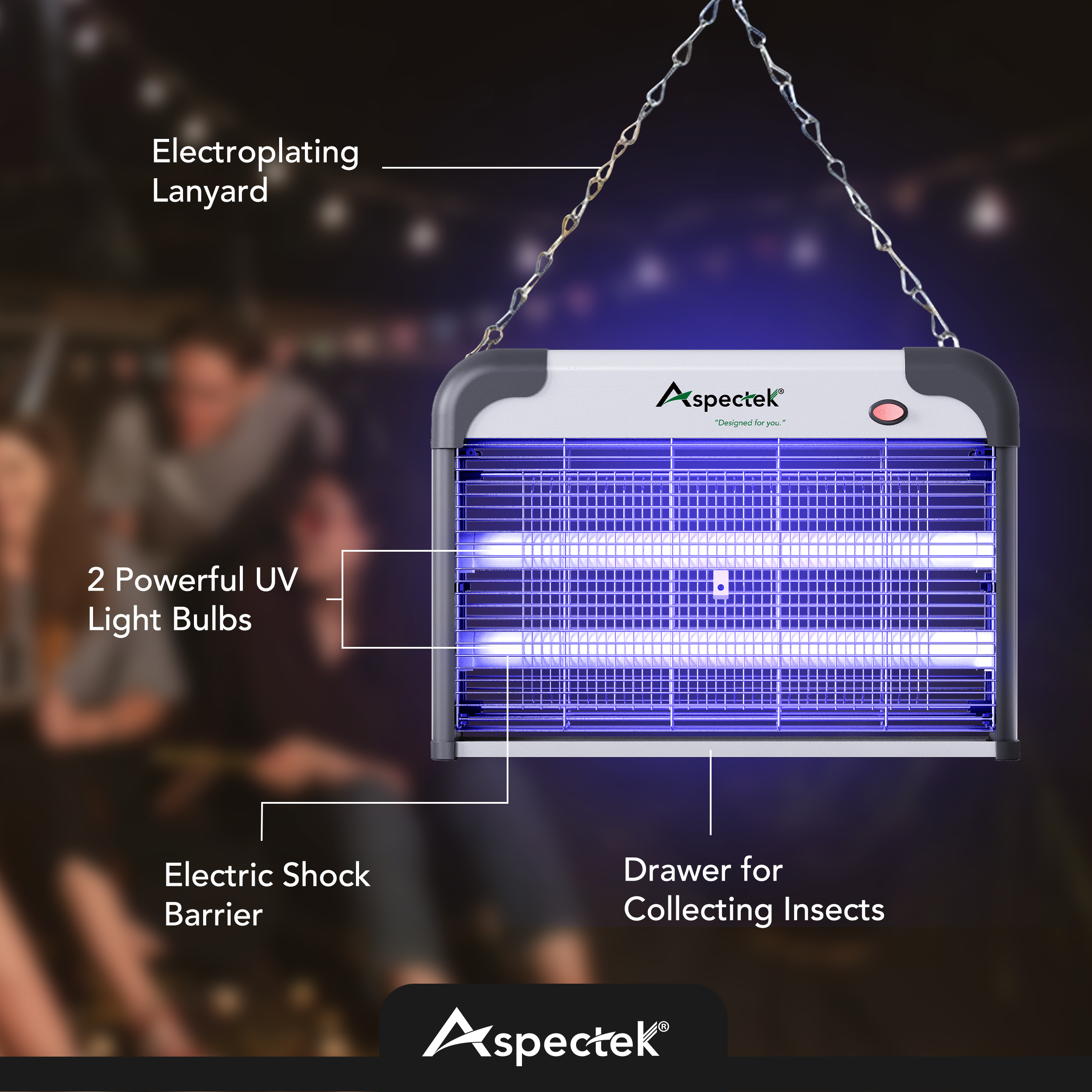 Insect zapper with labeled features on a dark background