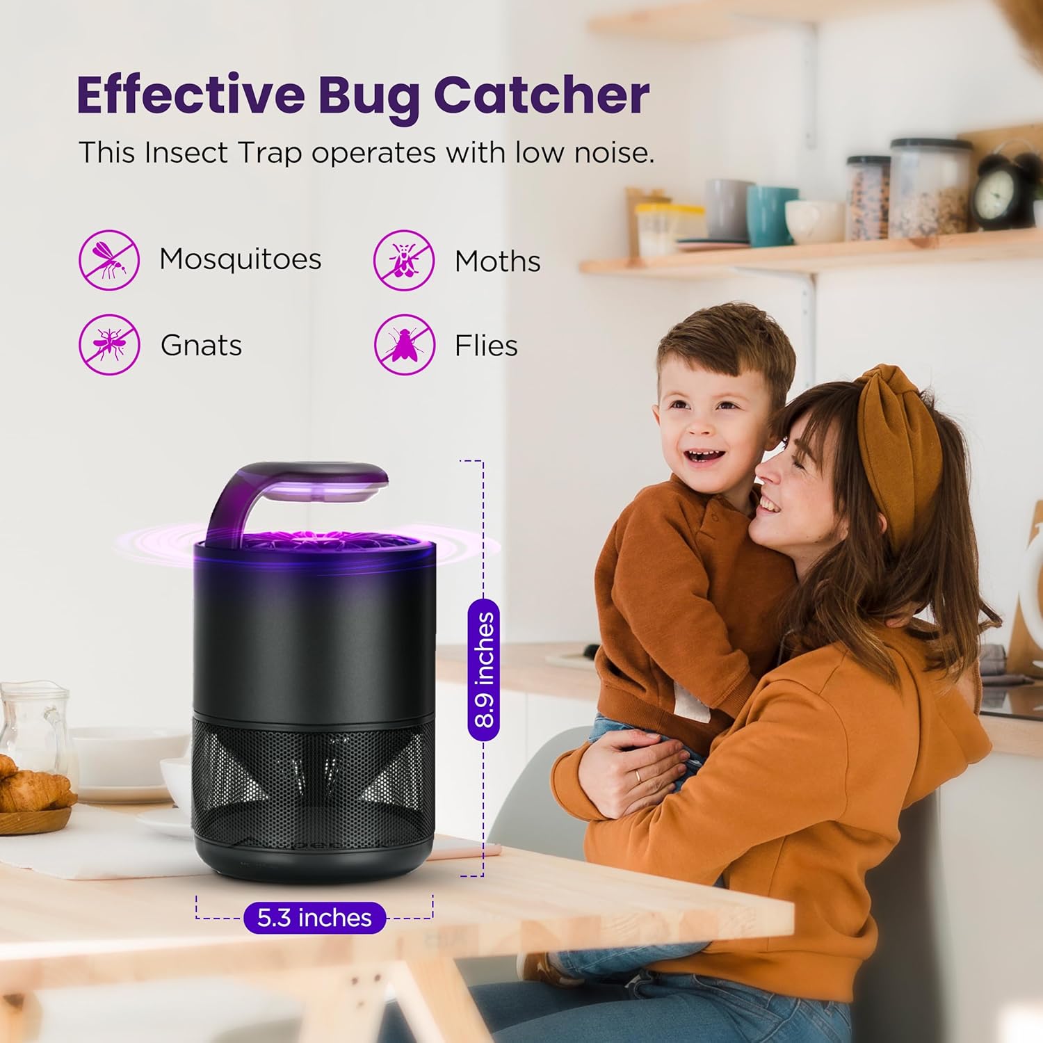 Insect trap with a woman and child in a kitchen setting, highlighting its effectiveness against mosquitoes, moths, gnats, and flies.