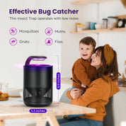 Insect trap with a woman and child in a kitchen setting, highlighting its effectiveness against mosquitoes, moths, gnats, and flies.