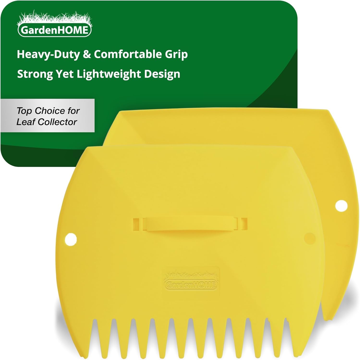 Yellow leaf collector with 'GardenHOME' branding on a white background