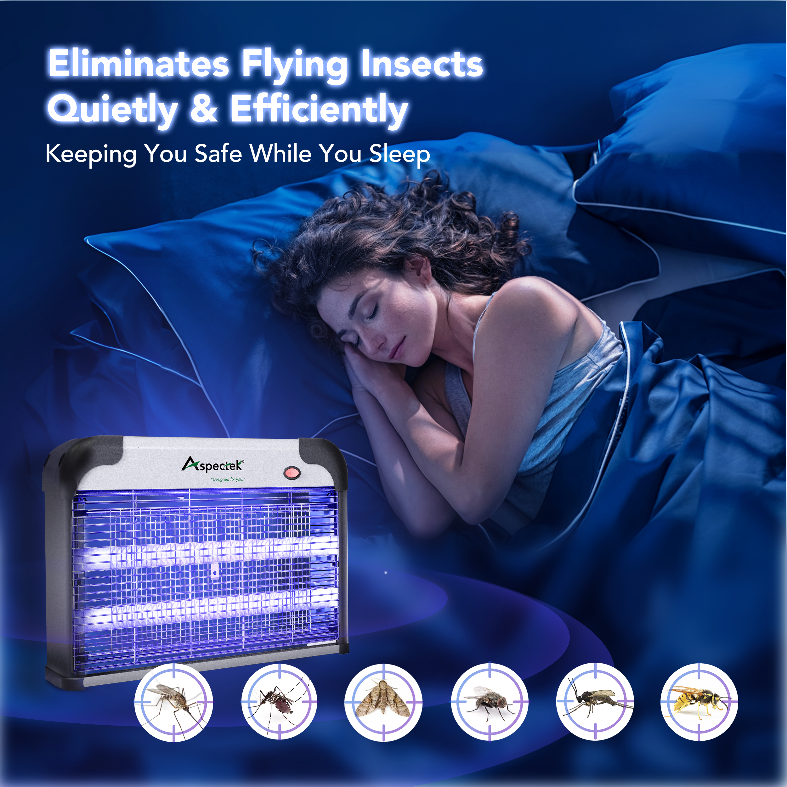 Woman sleeping in bed with a bug zapper next to her, eliminating flying insects.