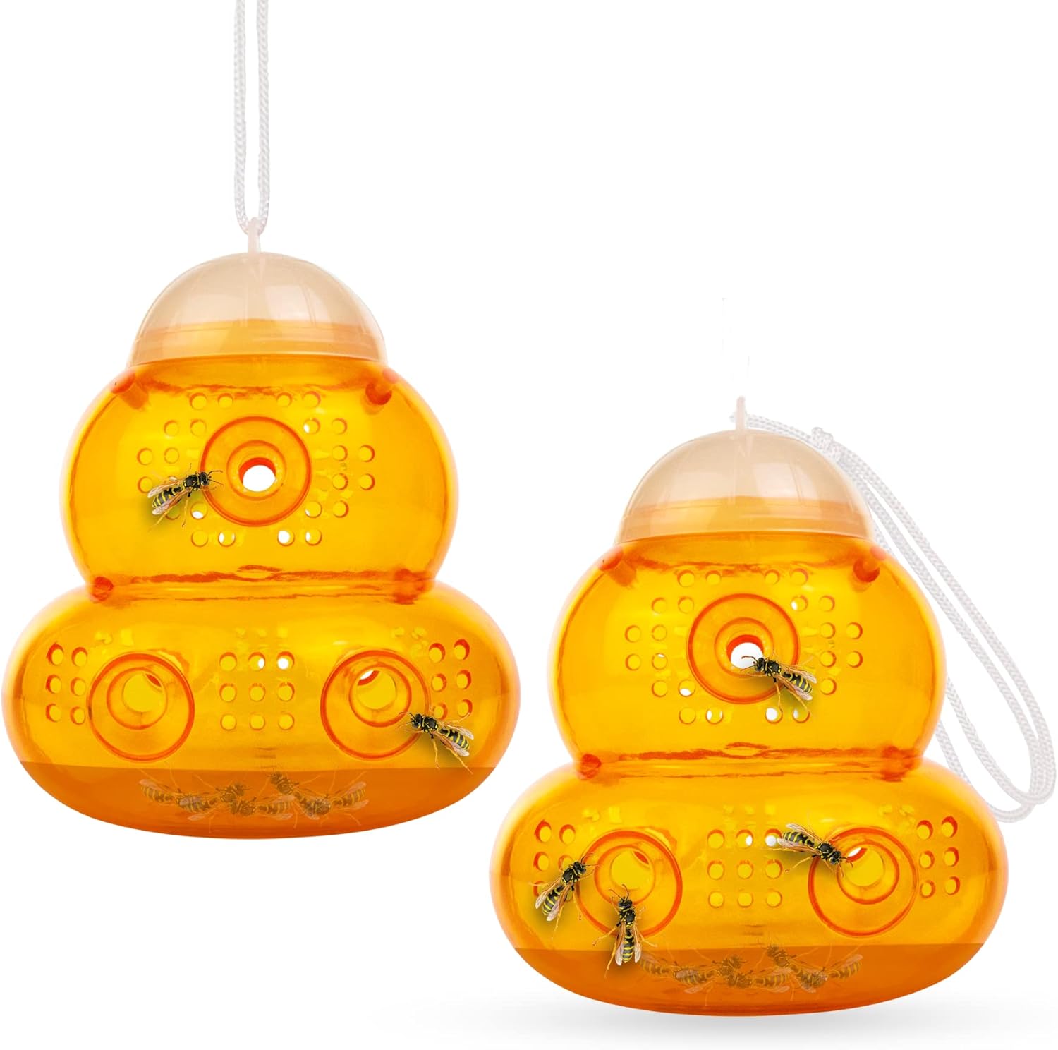 Two yellow Aspectek wasp traps with multiple entry tunnels, hanging by a nylon cord.