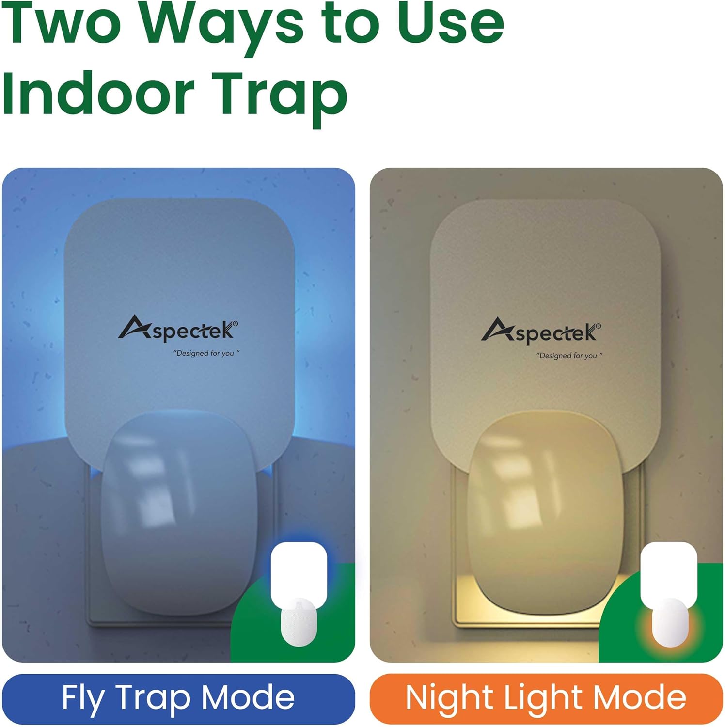 Two modes of an indoor trap labeled 'Fly Trap Mode' and 'Night Light Mode' with Aspectek branding.