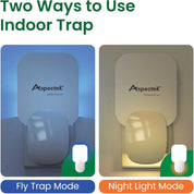Two modes of an indoor trap labeled 'Fly Trap Mode' and 'Night Light Mode' with Aspectek branding.