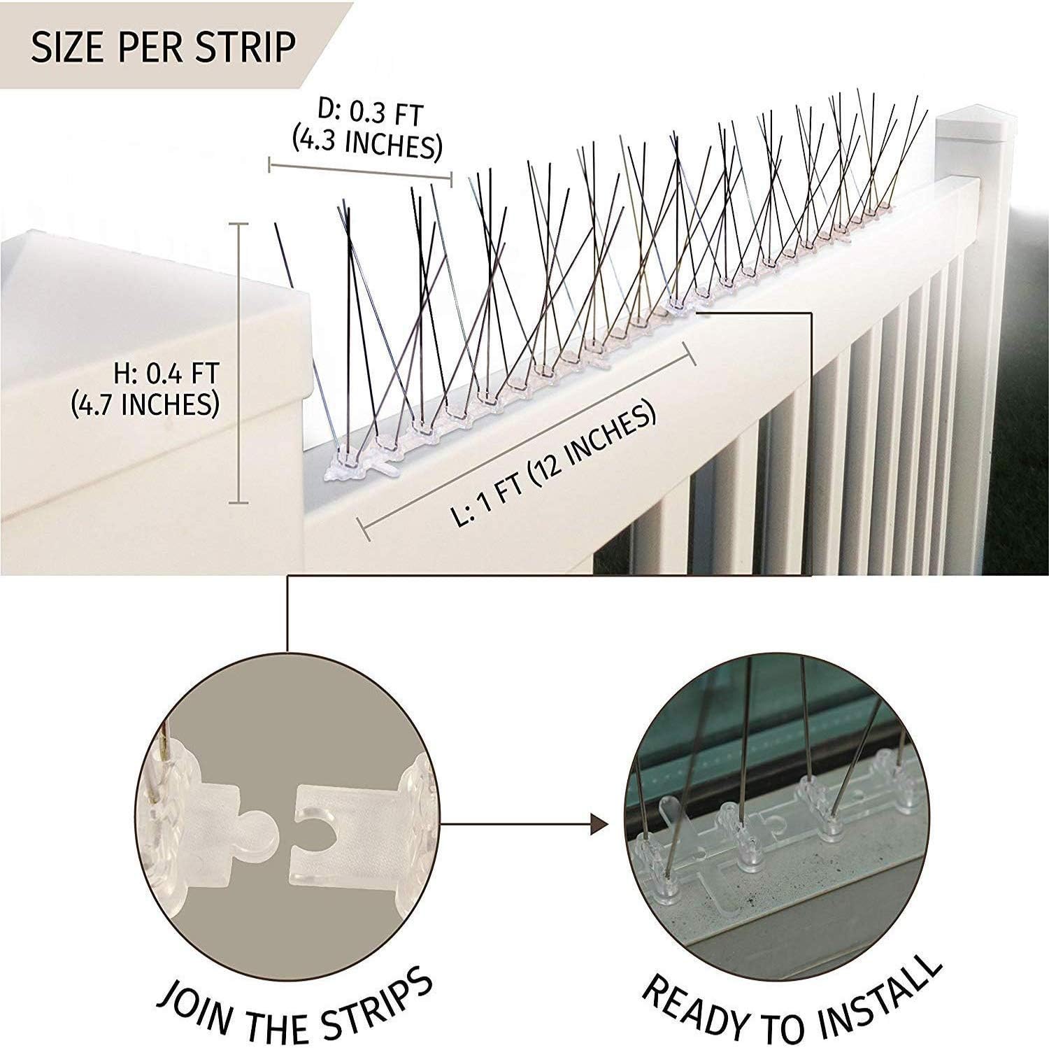 Durable bird spike deterrent to prevent birds from landing on ledges, roofs, and fences