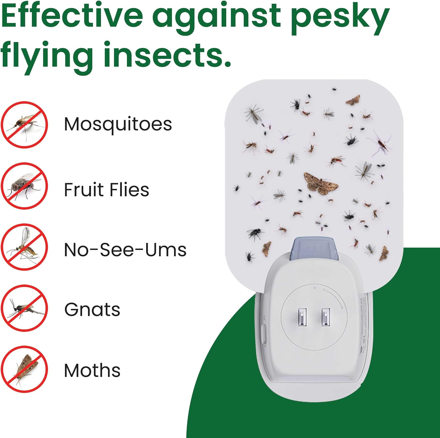 Insect trap with pests on a white background, labeled for effectiveness against various flying insects.