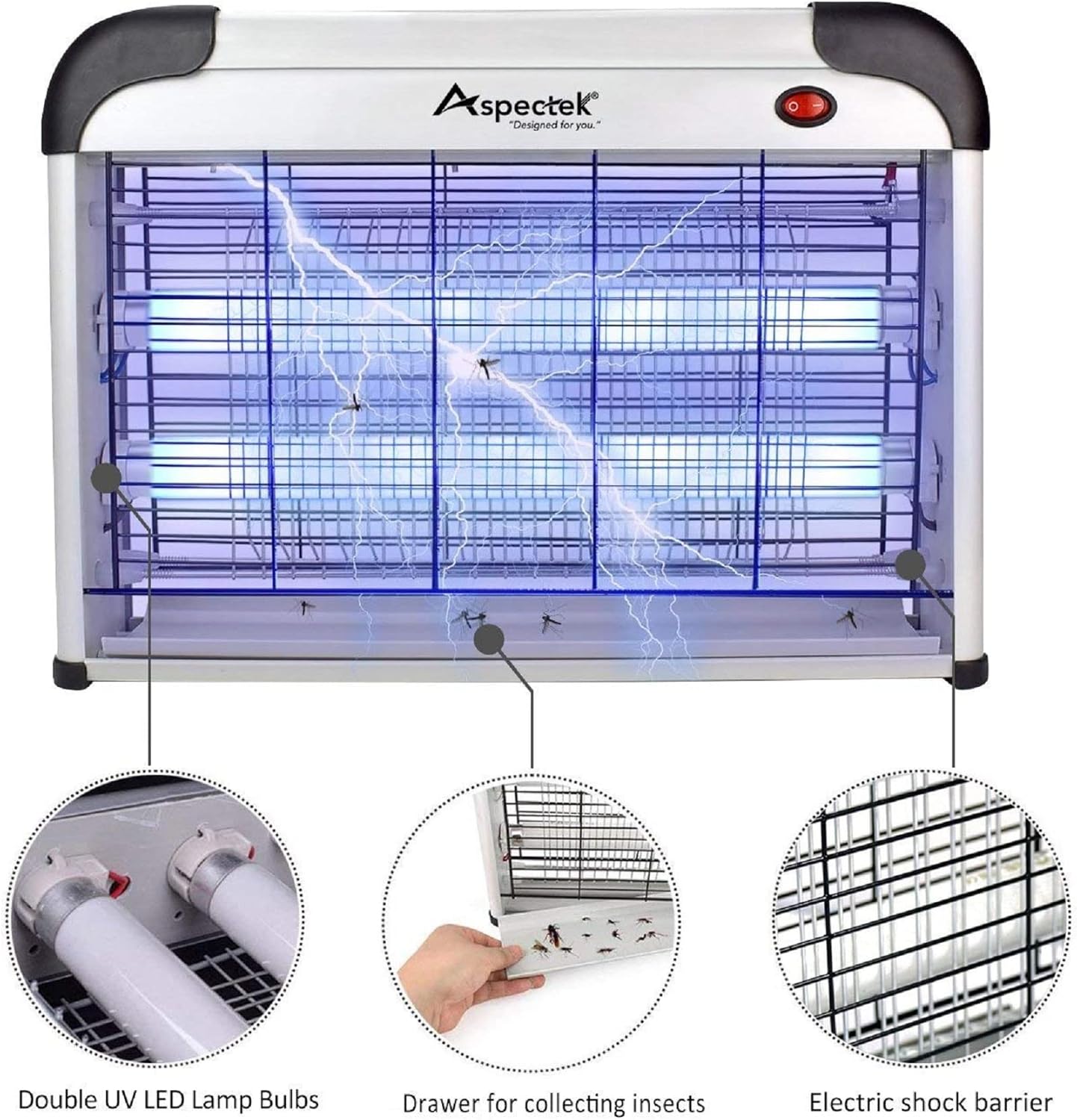 Aspectek 20W indoor bug zapper with protective mesh screen and UV light bulbs, including 2 replacement bulbs

