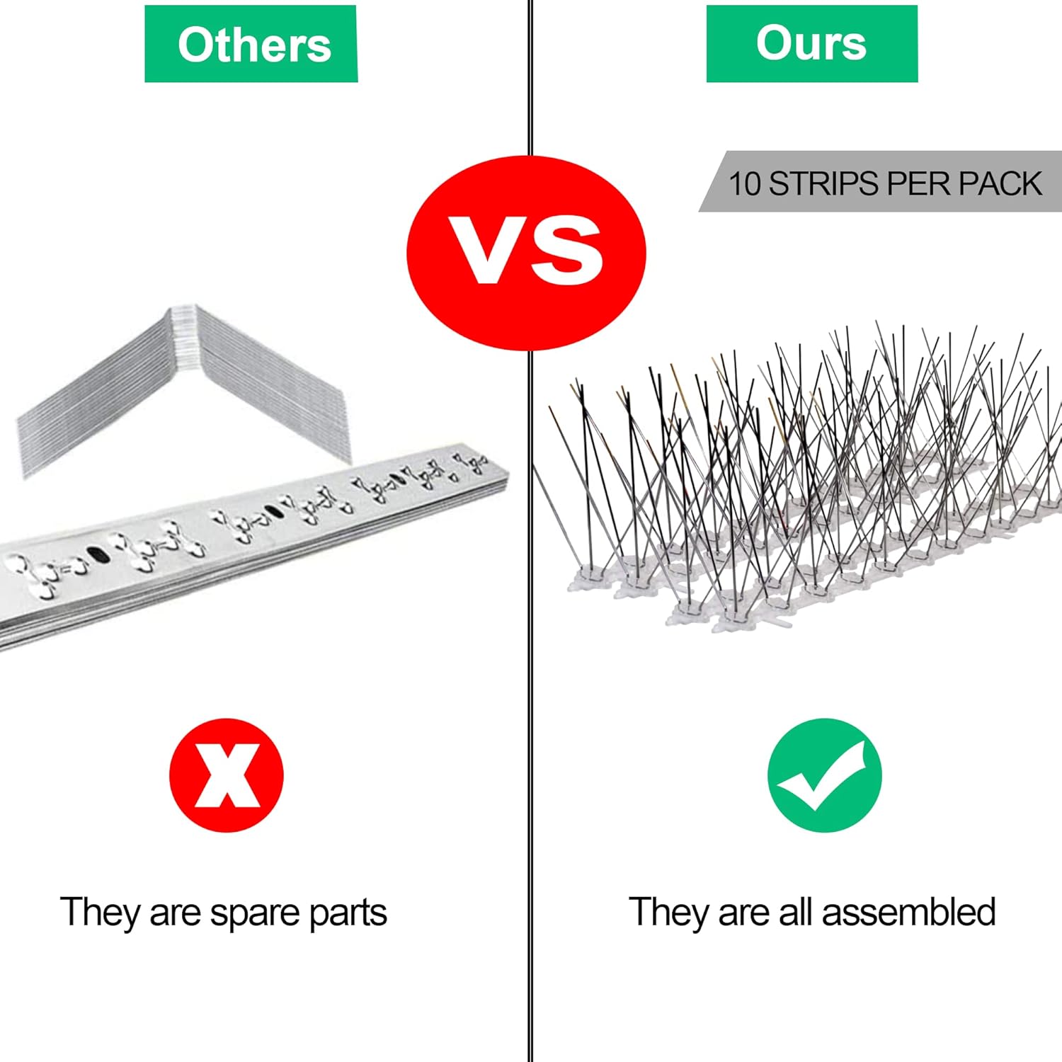 Durable bird spike deterrent to prevent birds from landing on ledges, roofs, and fences
