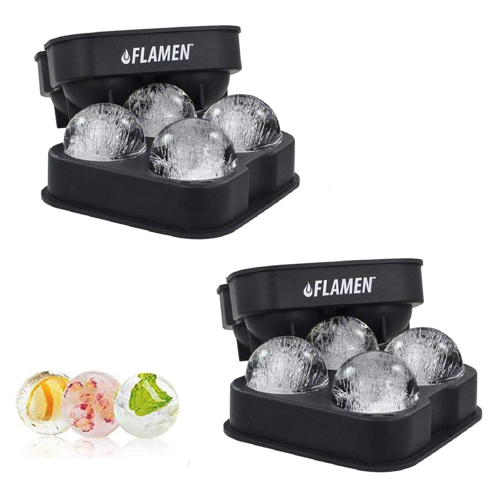 Two black Flamen ice ball makers with filled silicone molds, capable of creating spherical ice balls