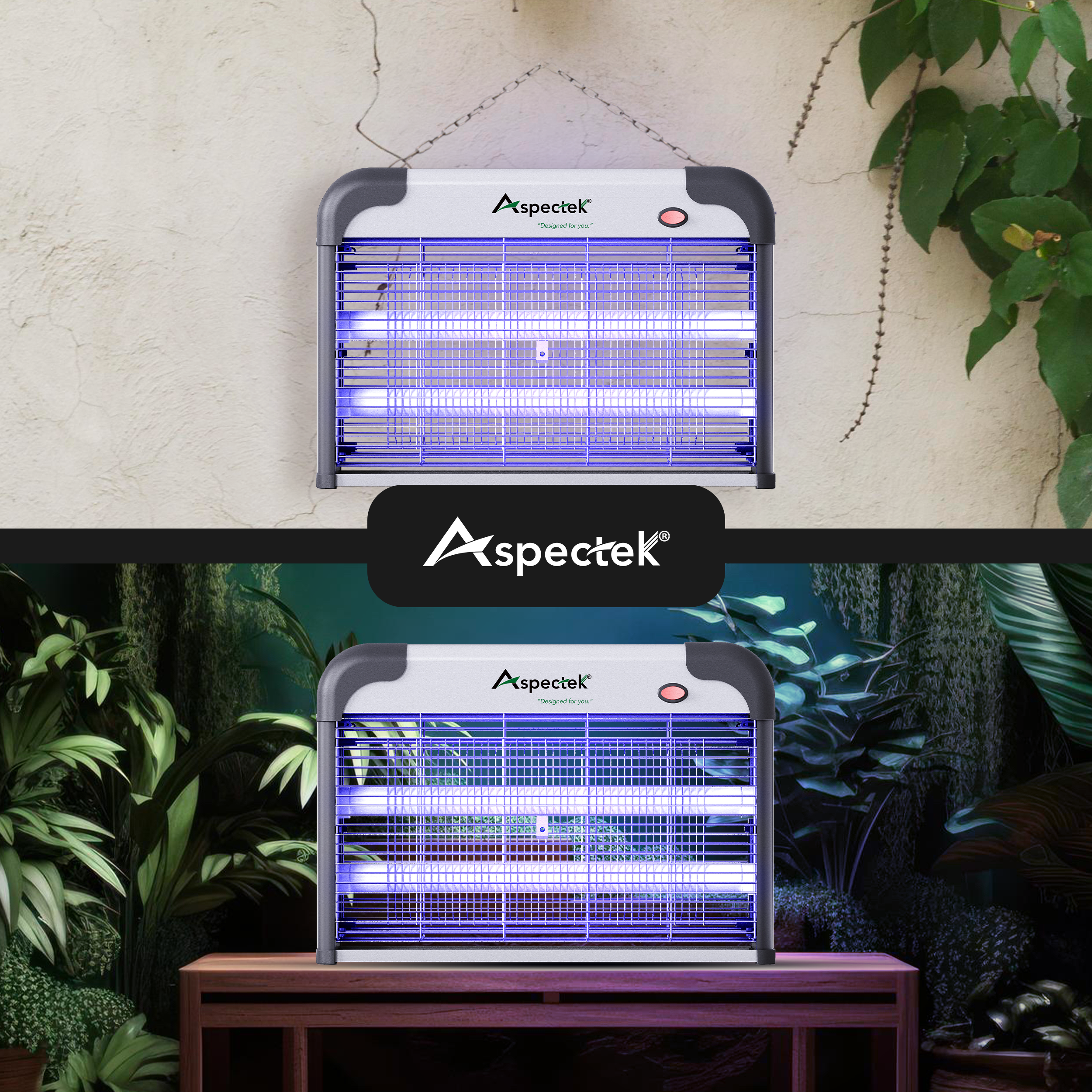 Aspectek insect killer lamp shown indoors and outdoors with plants in the background.