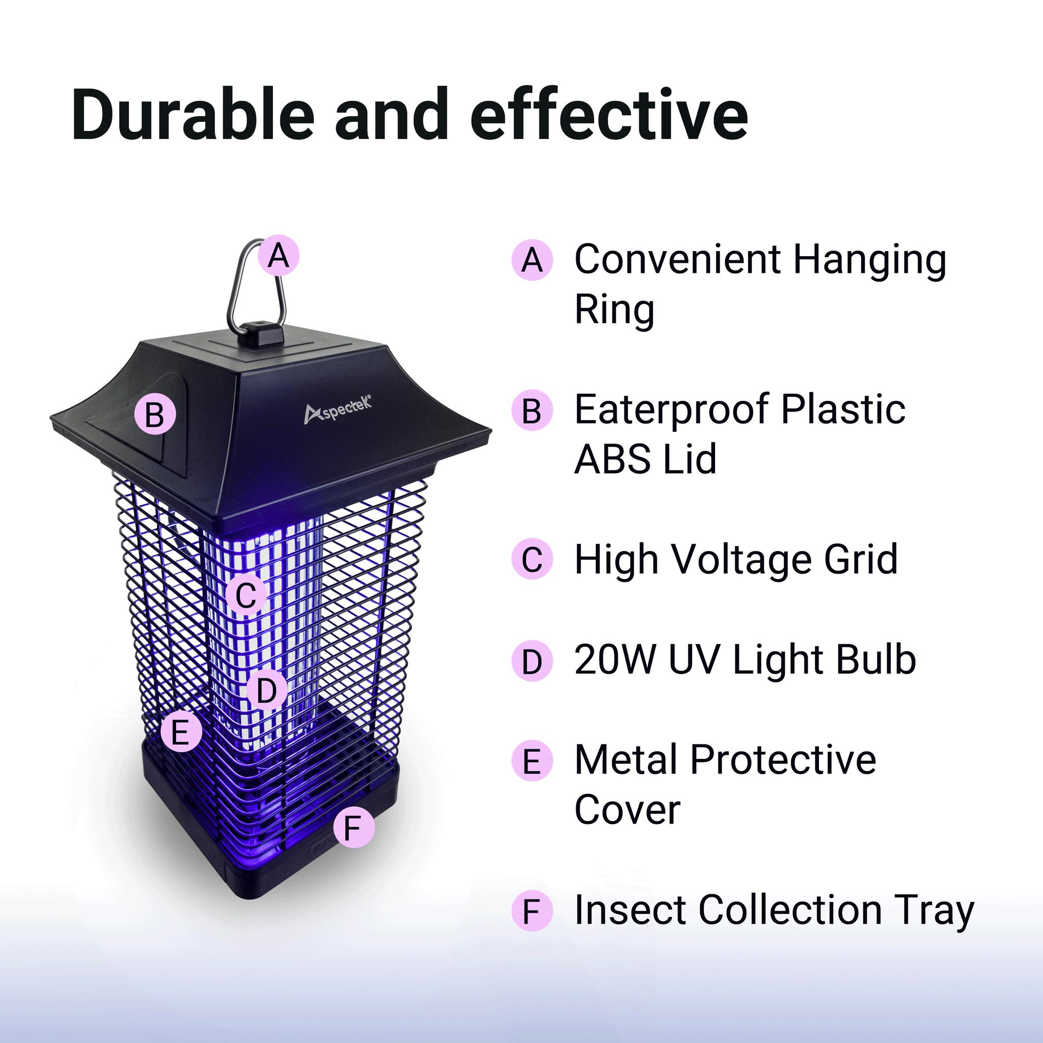Aspectek Electric Bug Zapper Outdoor, Powerful Mosquito Zapper 20W, Insect Fly Zapper Indoor, UV Light Fly Killer for Home Patio Backyard Camping, Waterproof, Up to 1000sq. FT Coverage (Square)