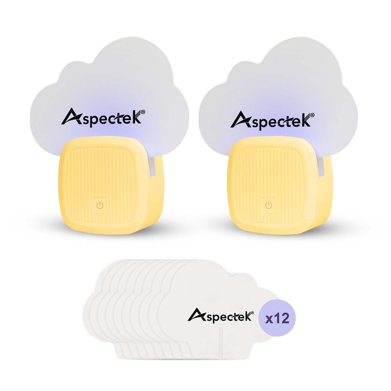 Two Aspectek sticky fly insect traps with plug-in blue light, accompanied by 12 packs of sticky glue pads.