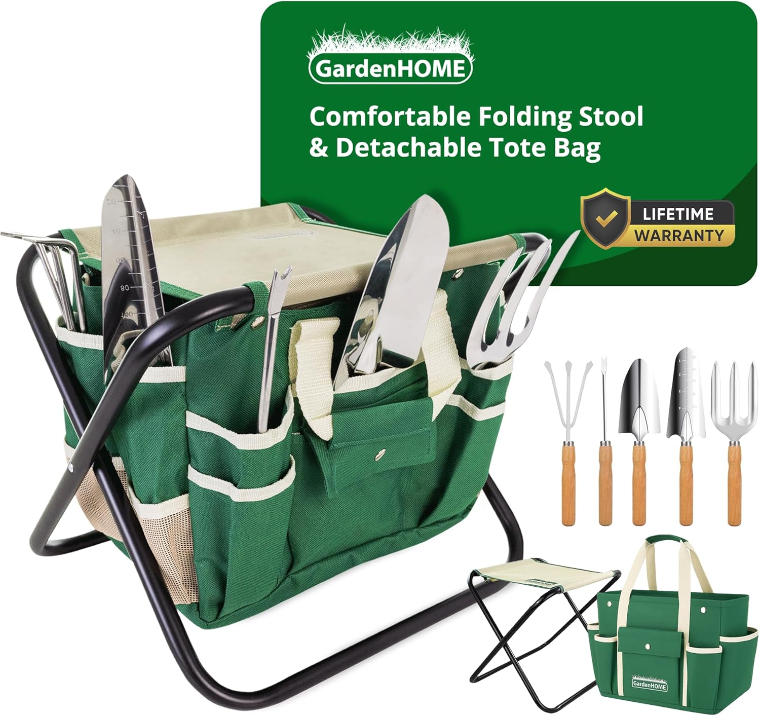 GardenHOME Garden Tool Set, Stainless Steel 7 Piece Tool Set, Heavy Duty Folding Stool, Detachable Canvas Tote Bag (Green)