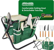 GardenHOME Garden Tool Set, Stainless Steel 7 Piece Tool Set, Heavy Duty Folding Stool, Detachable Canvas Tote Bag (Green)
