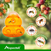 Orange insect trap hanging among fruit with pest illustrations and Aspectek branding.
