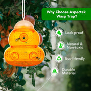 Aspectek wasp trap hanging on a tree branch with features listed above it.