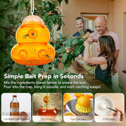 Orange wasp trap with family in background and step-by-step instructions for use.