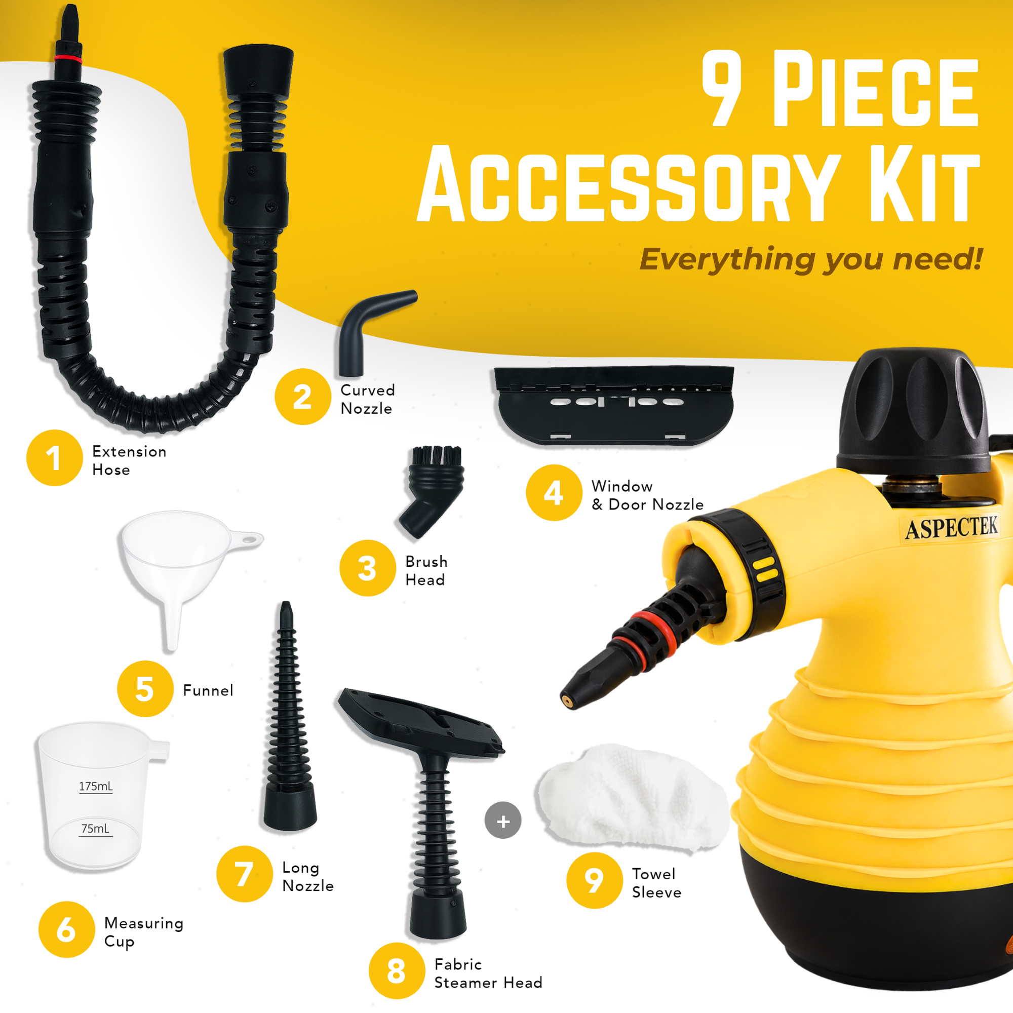 Aspectek Multi-Purpose Handheld Pressurized Steam Cleaner with 9-Piece Accessories