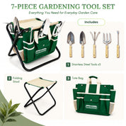 GardenHOME Garden Tool Set, Stainless Steel 7 Piece Tool Set, Heavy Duty Folding Stool, Detachable Canvas Tote Bag (Green)